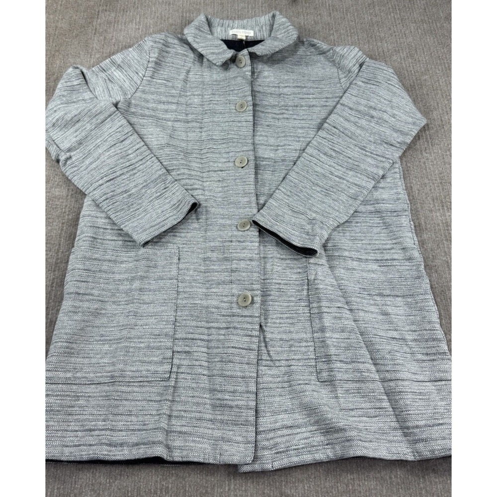 Eileen Fisher XS Gray Long Sleeve Button Front Pockets Cotton Textured Coat
